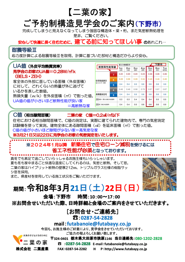 3月21(土)22(日)は下野市で構造見学会を開催